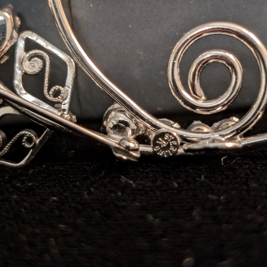 Vintage Tru Kay Sterling Marquis Cut Rhinestone Leaf Scroll Brooch/Pendant