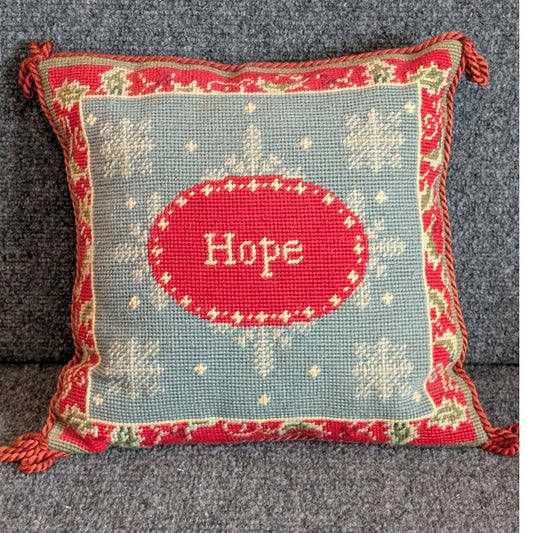 Vintage Zippered Needlepoint 'Hope' Velvet Back Throw Decorative Accent Pillow