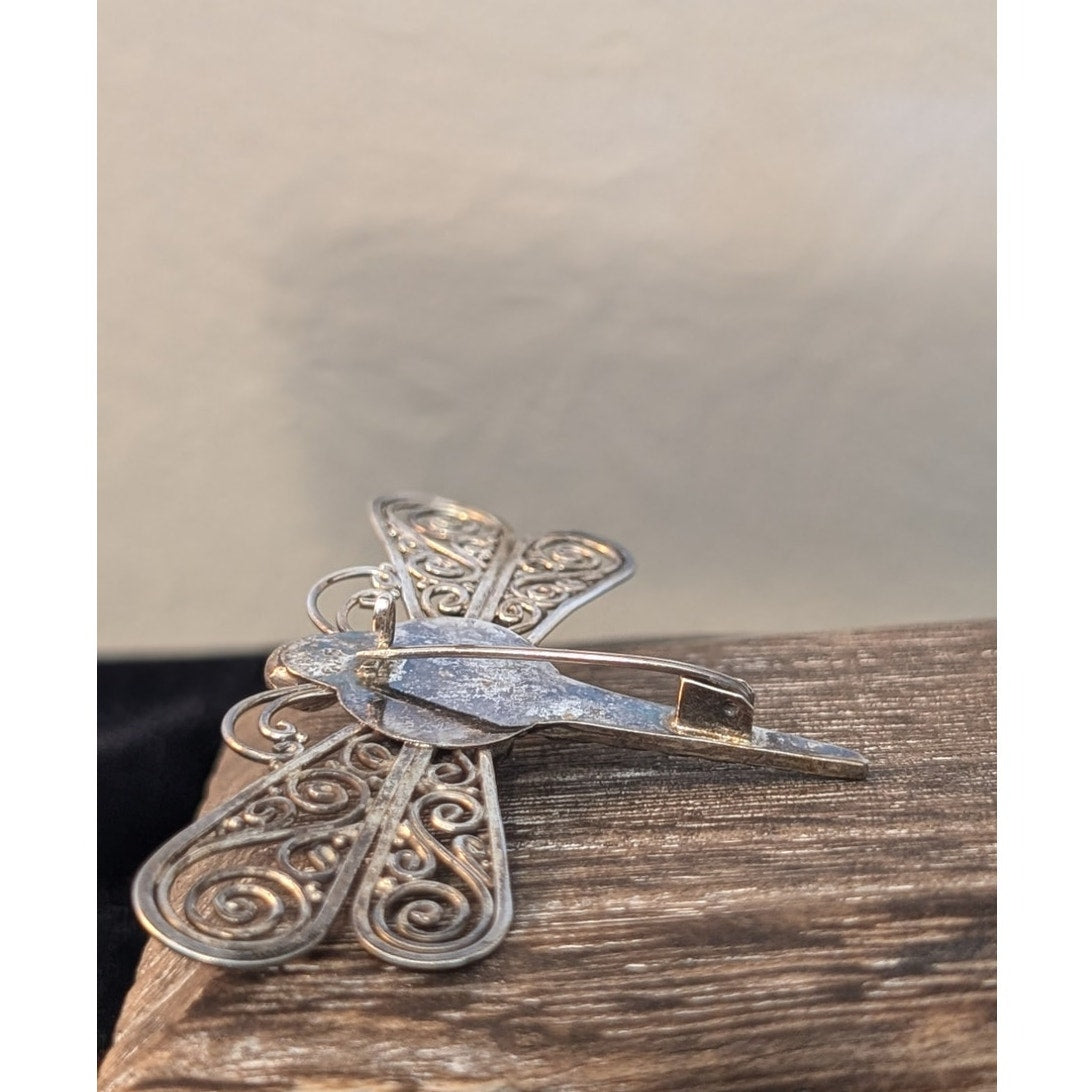 Vintage 925 Filigree Bali Design Amethyst Cabochon Dragon Fly C Clasp Brooch