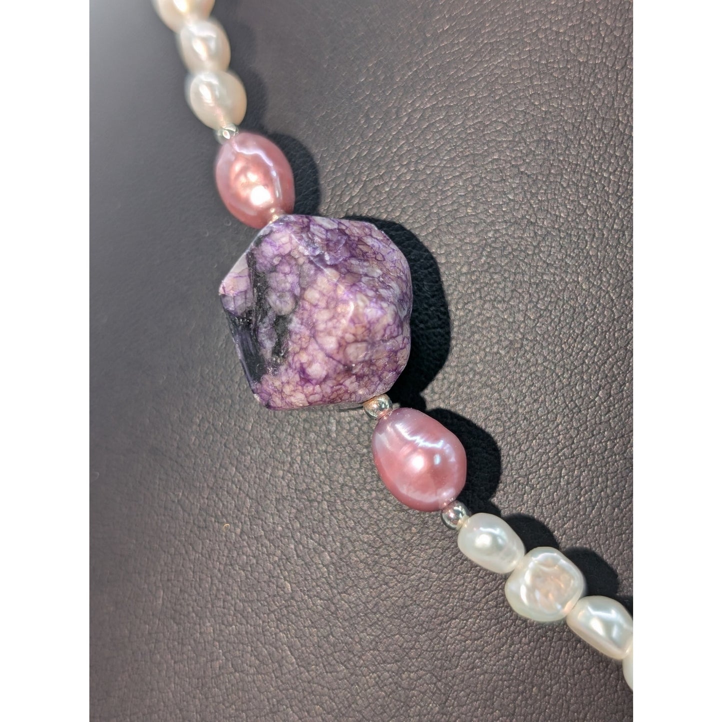 Lee Sands Purple Stone Freshwater Pearls Silver Tone Clasp 18" Necklace