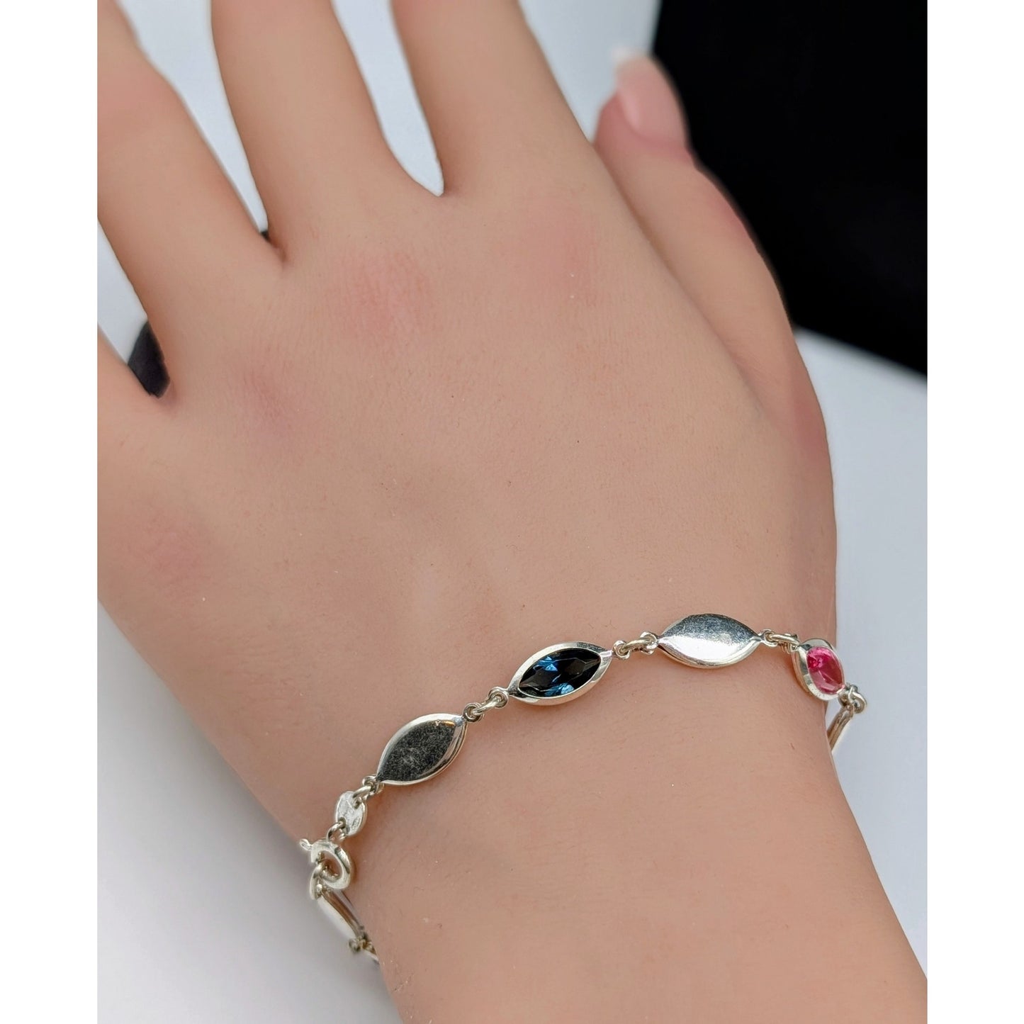 VTG Looks Like 'Powel'l 925 Sterling Silver Cut Glass Marquis Station Bracelet