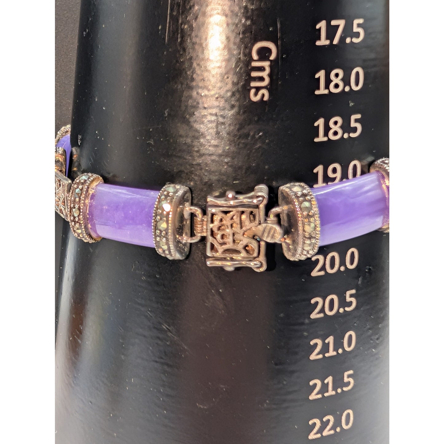 Vtg 70s Chinese Lavender Jadeite Marcasite Sterling Silver Panel Link Bracelet
