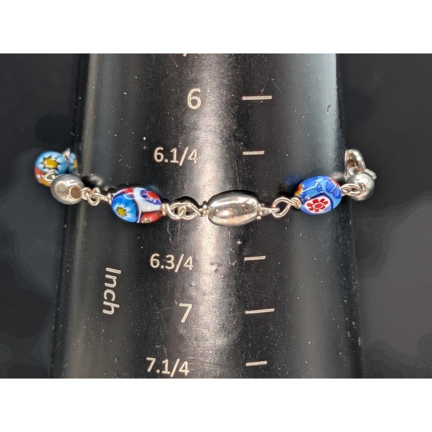 925 Italy Sterling Silver Millifiore Glass Sterling Bead Bracelet