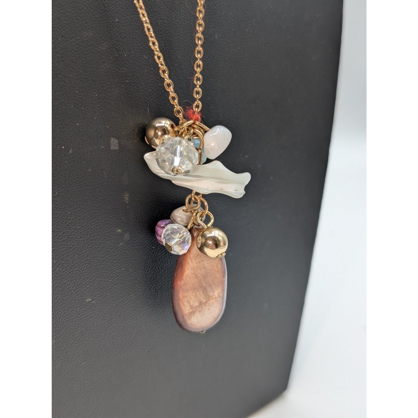 Double Strand Gold Tone Stone Crystal Glass Beaded Cluster Dangle Necklace