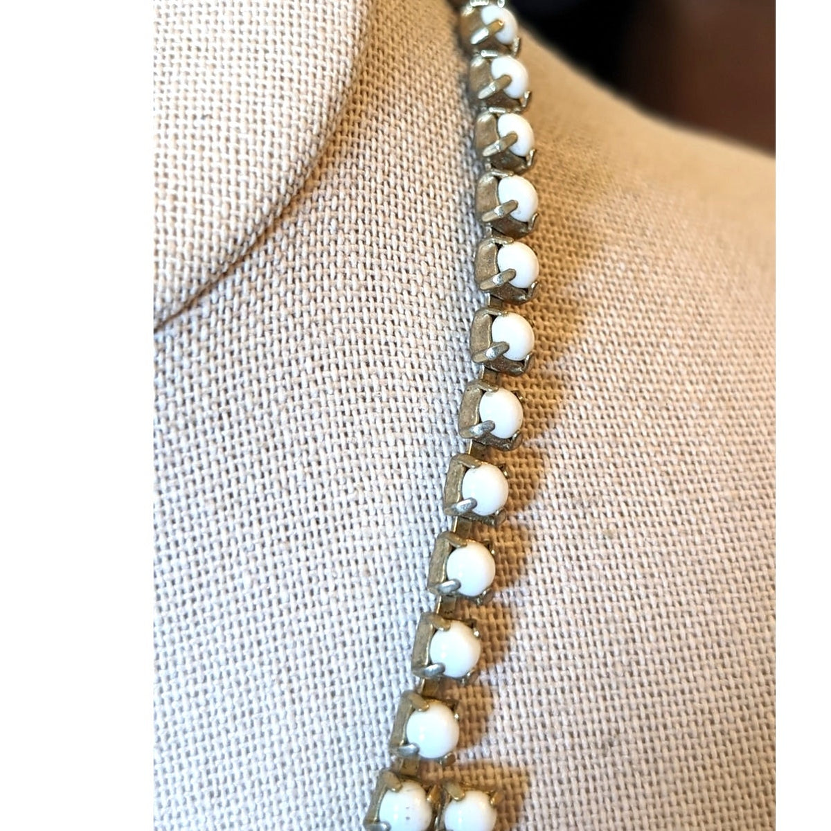Vintage Prong Set Milk Glass Cabochon 16" Necklace W/ Hook Clasp