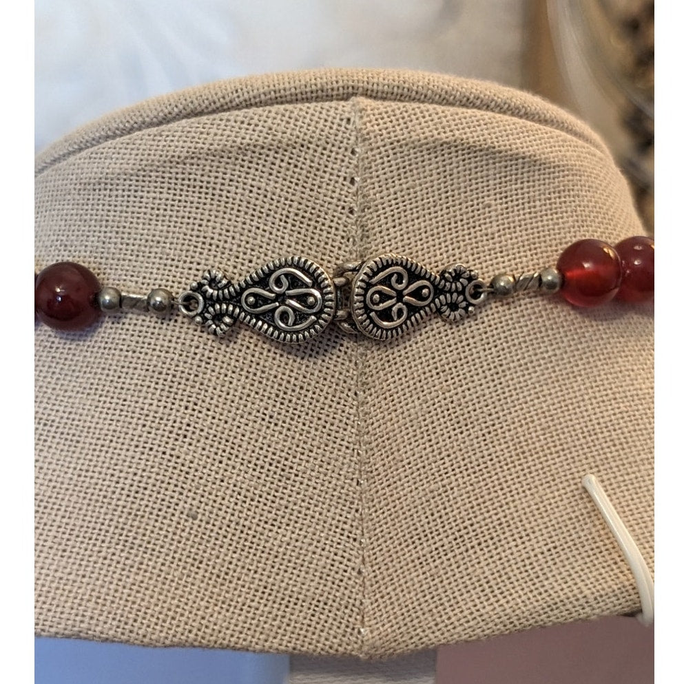925 Sterling Carnelian Bead Large Jasper Cabochon Necklace W/ Fancy Hook Clasp