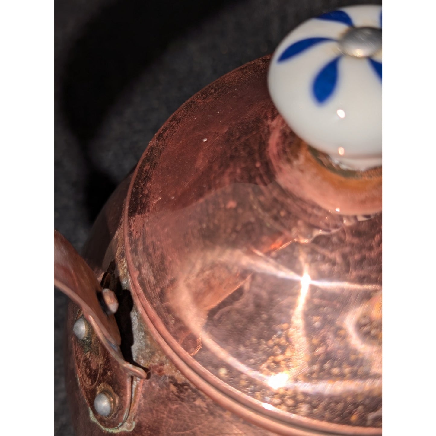 Vintage Antique Copper Tea Kettle W/ Blue White Ceramic Handle & Lid
