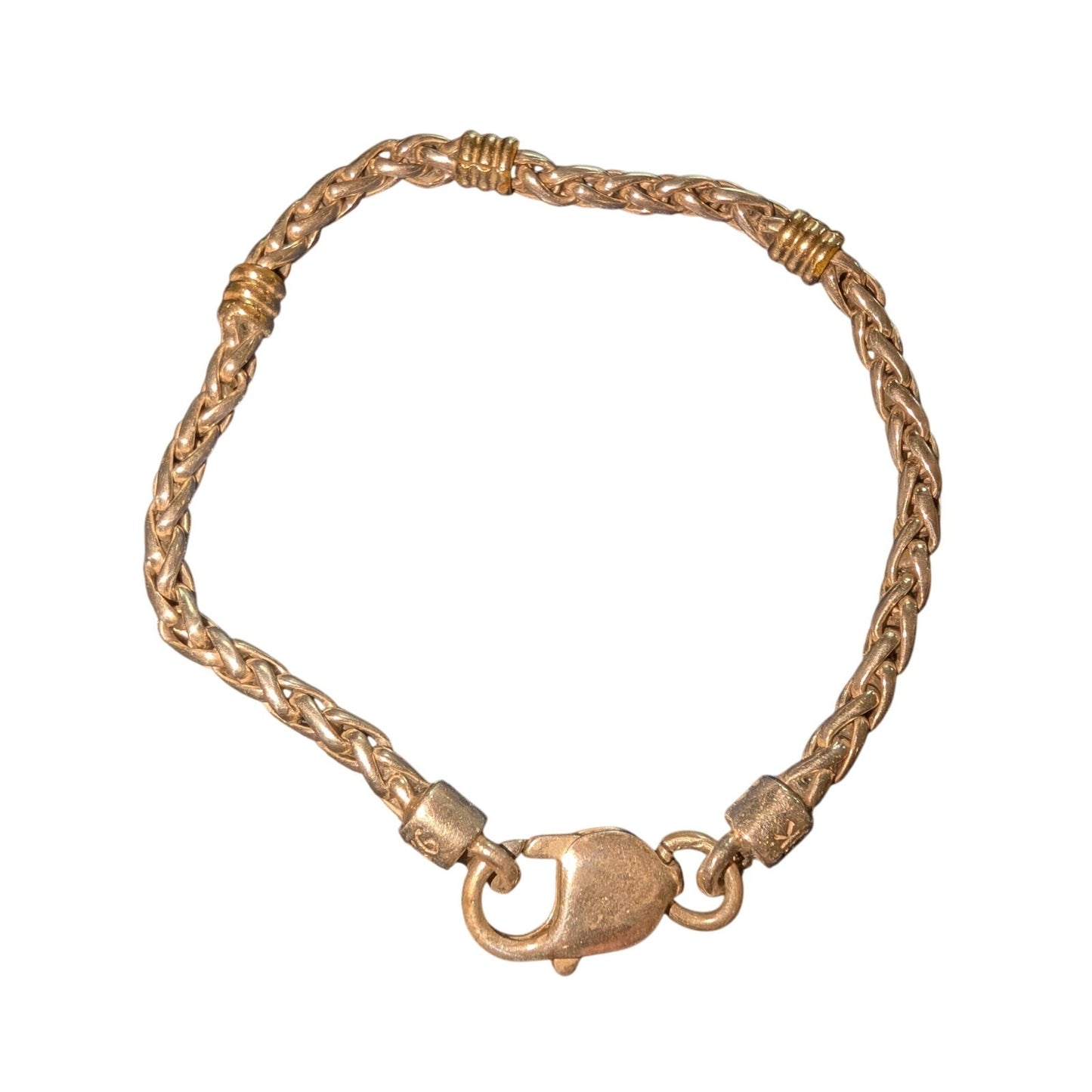 18K Gold & 925 Sterling Silver--Wheat Chain Bracelet W/ 18K Gold Stations 12.22g