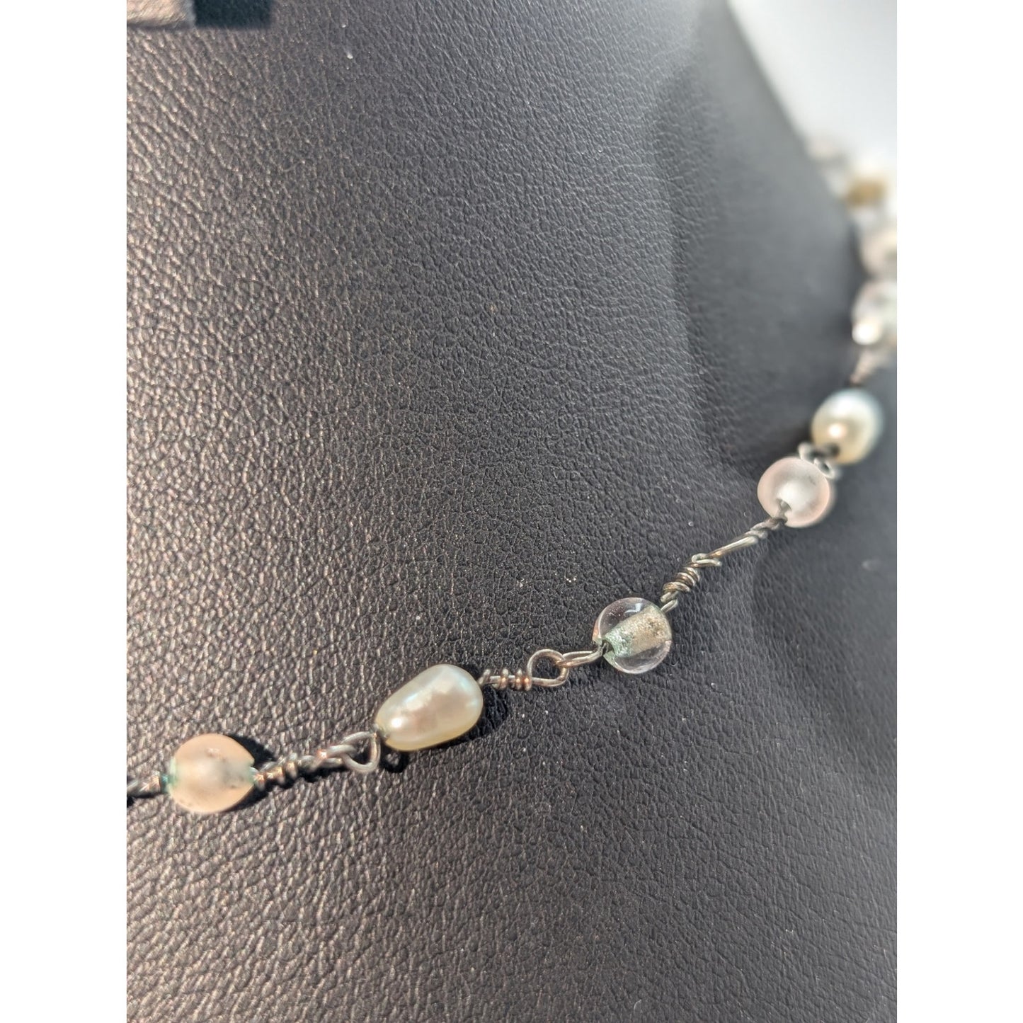 Vintage Silver Tone Glass Pearl Rosary Style Toggle Clasp Choker 16" Necklace