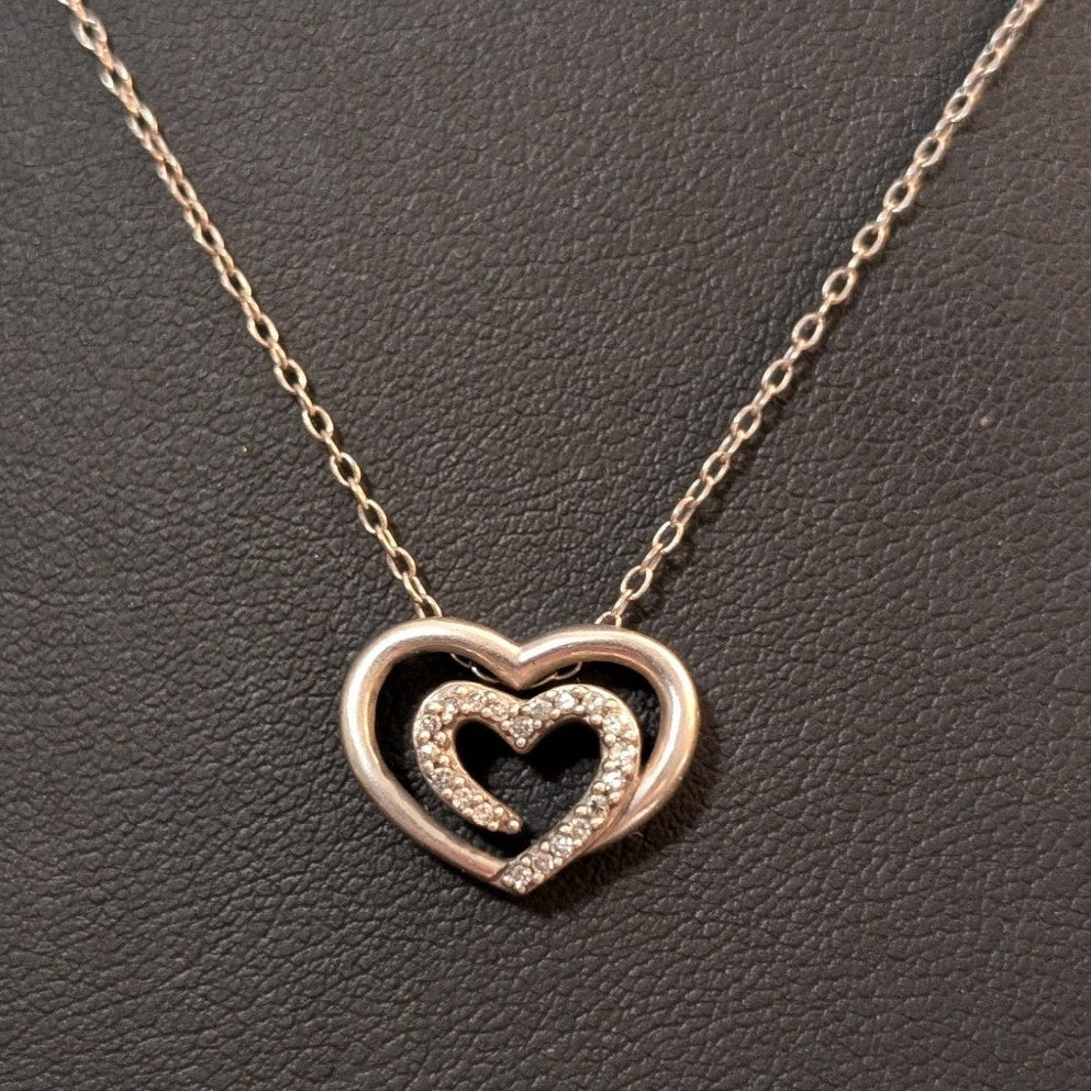 Sadye L. Vassil 925 Sterling Silver Diamond Double Heart 19" Pendant Necklace