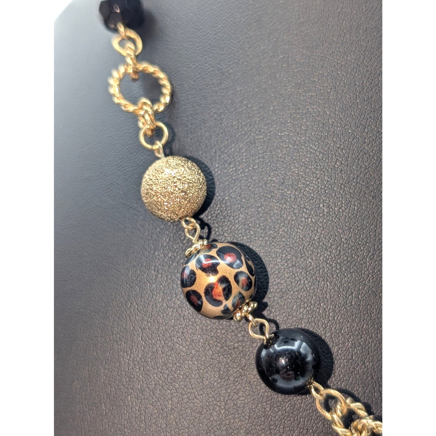 Gold Tone Animal Print Black Gold Textured Bead Y-Drop 16.5"-19.5" Necklace