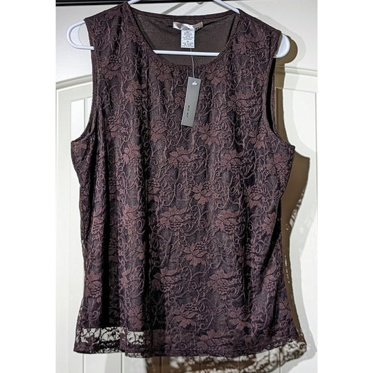 WD.NY Brown Lace Overlay Scoop Neck Sleeveless NWT Tank/Shell Womens Sz XL.