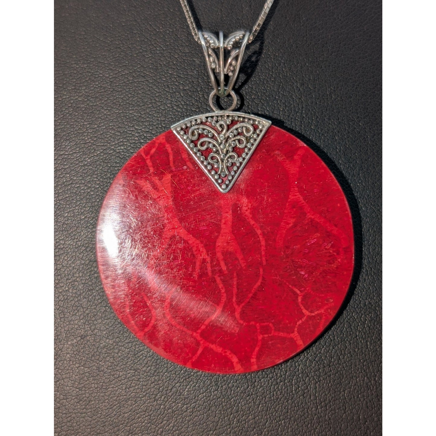 Vtg 925 Sterling Silver Bali Design Red Sponge Coral Pendant Box Chain Necklace
