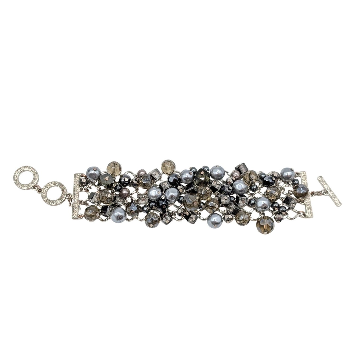 Premier Designs Silver Tone Metallic Faux Pearl Glass Crystal Toggle Bracelet