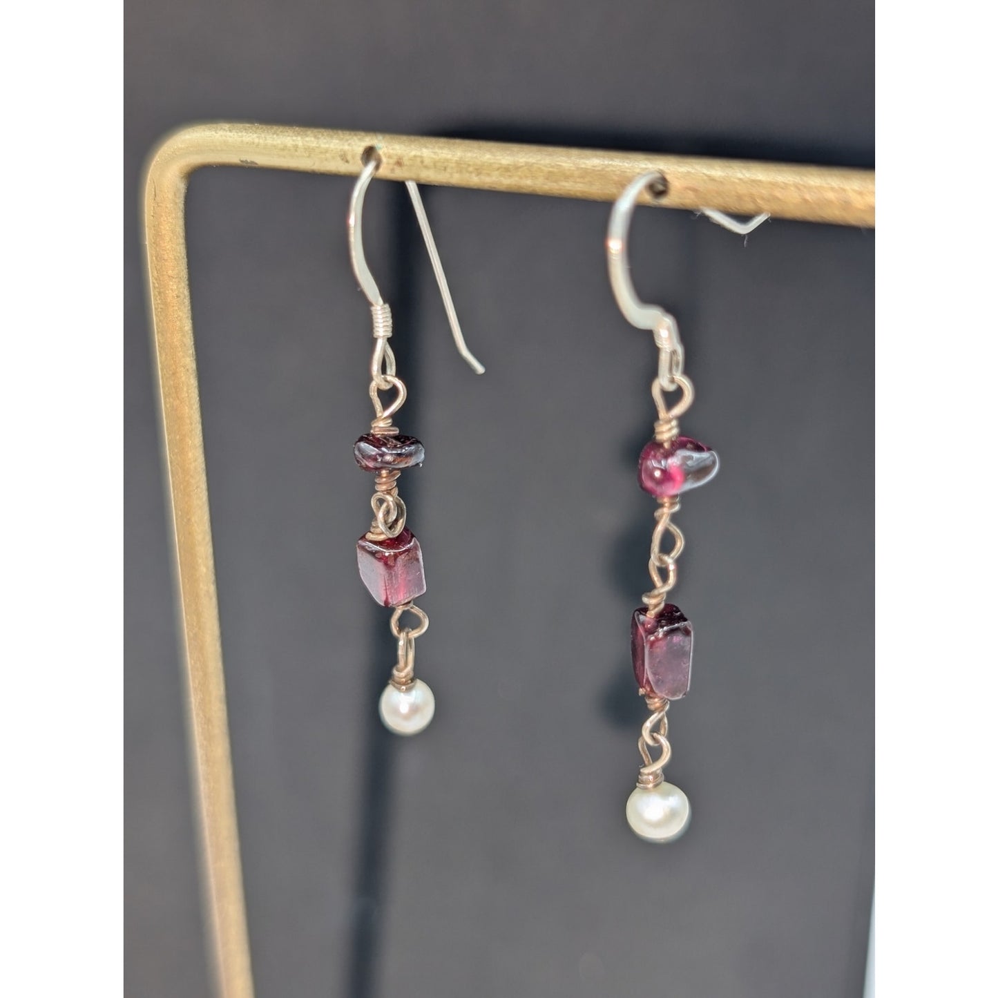 Vintage Garnet Bead Pearl 925 Sterling Silver Dangle Wire Earrings