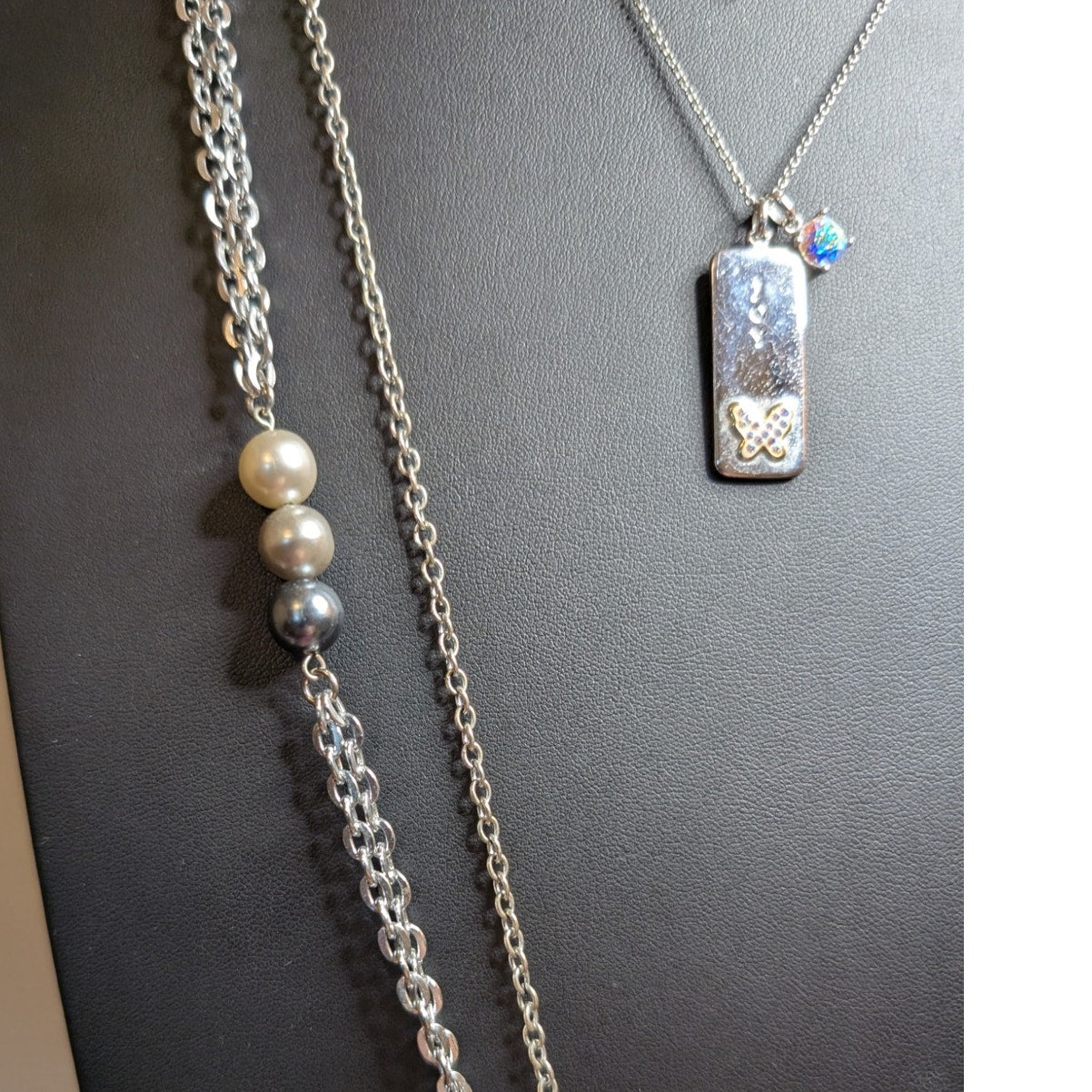 Layered Look Lot of Four Silver Tone Rhinestone Pearl Necklaces