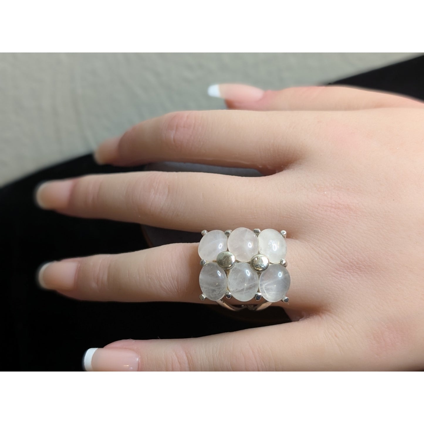 Large Six Quartz Stone 925 Sterling Silver Split Shank Ring Size 7.5