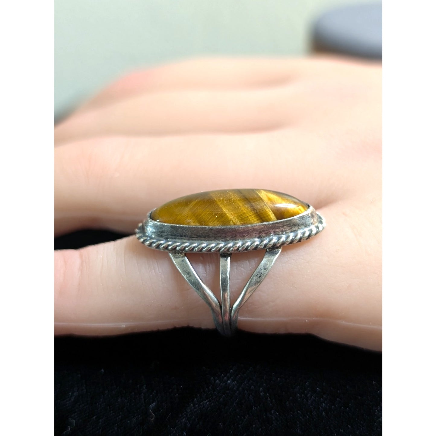 Vintage Sterling Silver Tiger's Eye Long Oval Native American Ring Size 4
