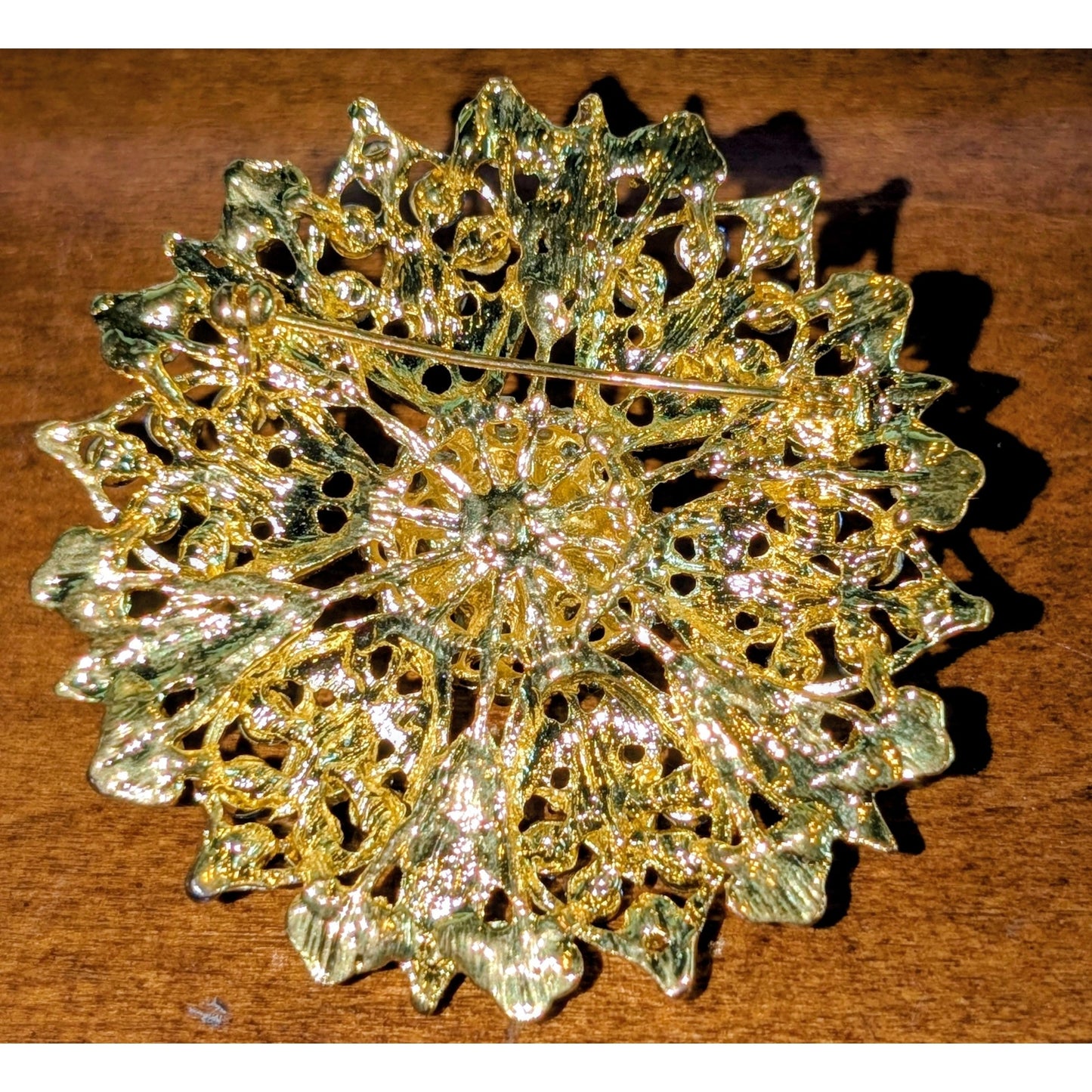 Gold Tone Blue Rhinestone Filigree Large Brooch