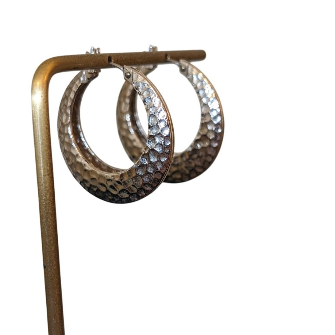 Marked Napier Silver Tone Hammered Hoop Snap Down Clasp Earrings