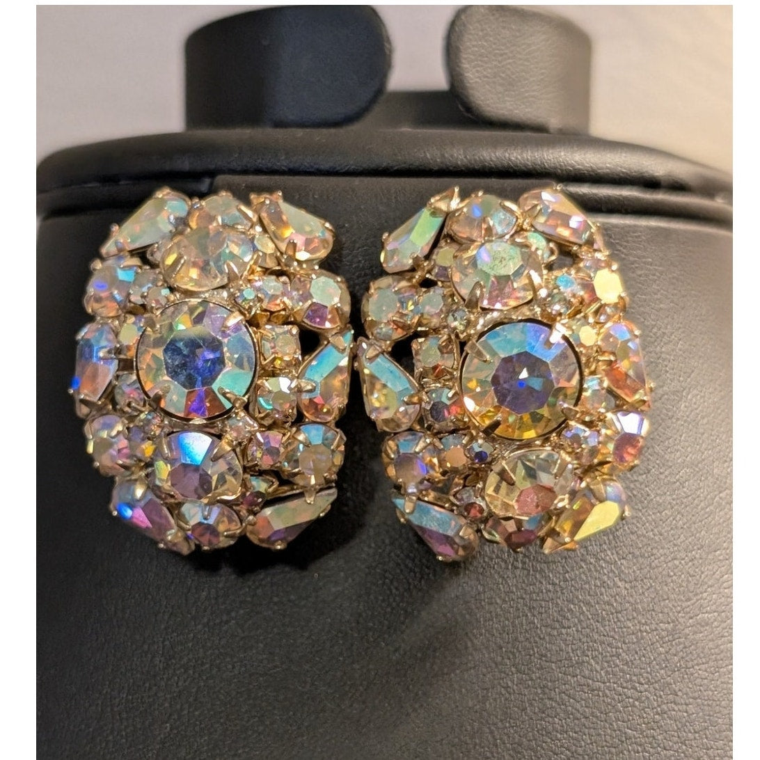 Spectacular Vintage AB Rhinestone Crystal Gold Tone Statement Clip On Earrings