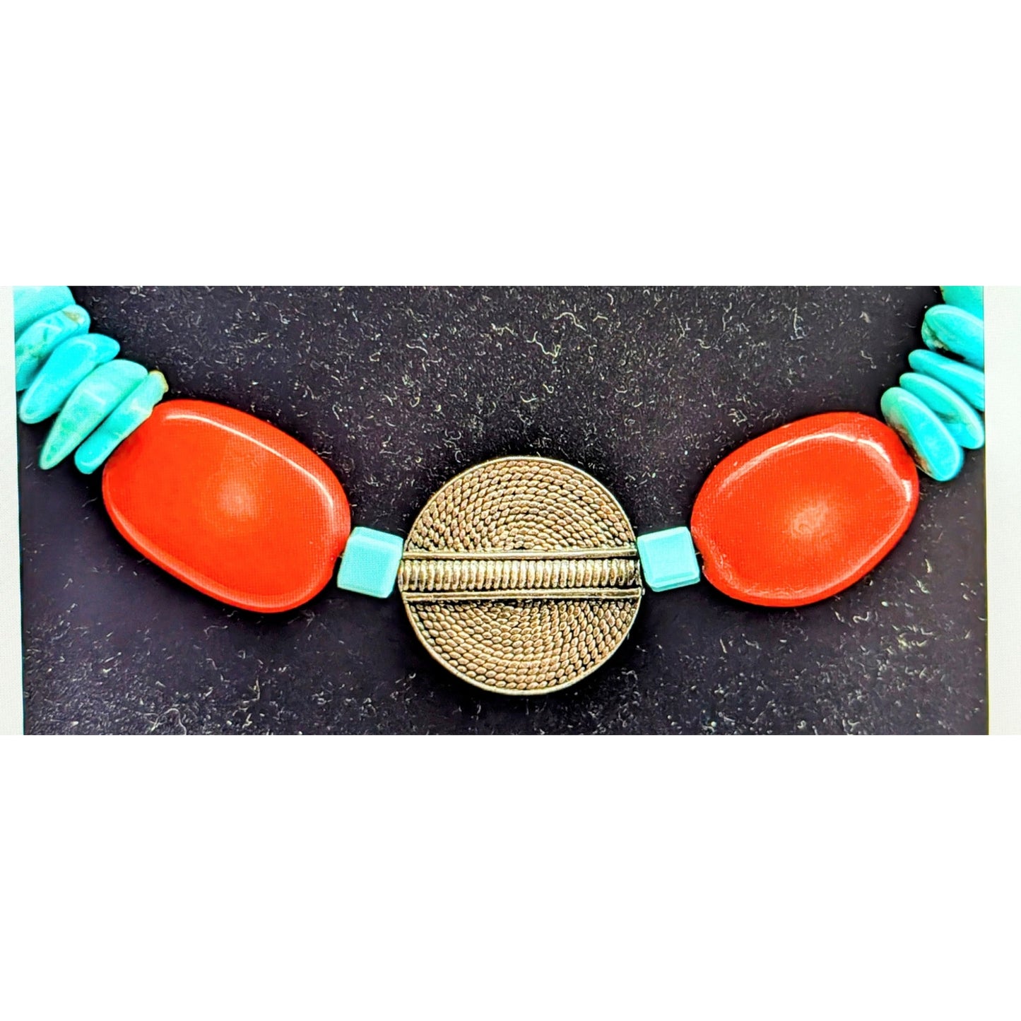 925 Sterling Sliver Modern Southwestern 16" Necklace w/ Coral & Turquoise 50.5g