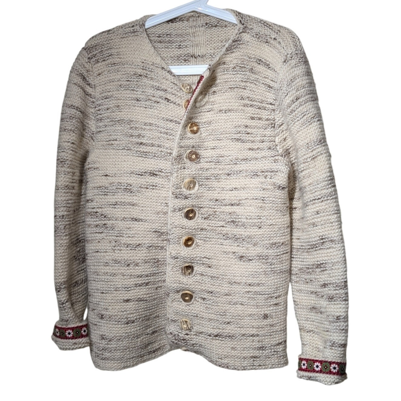 Vintage Hand Knit Cream Marled Swiss Ribbon Accents Button Cardigan Sz S/M