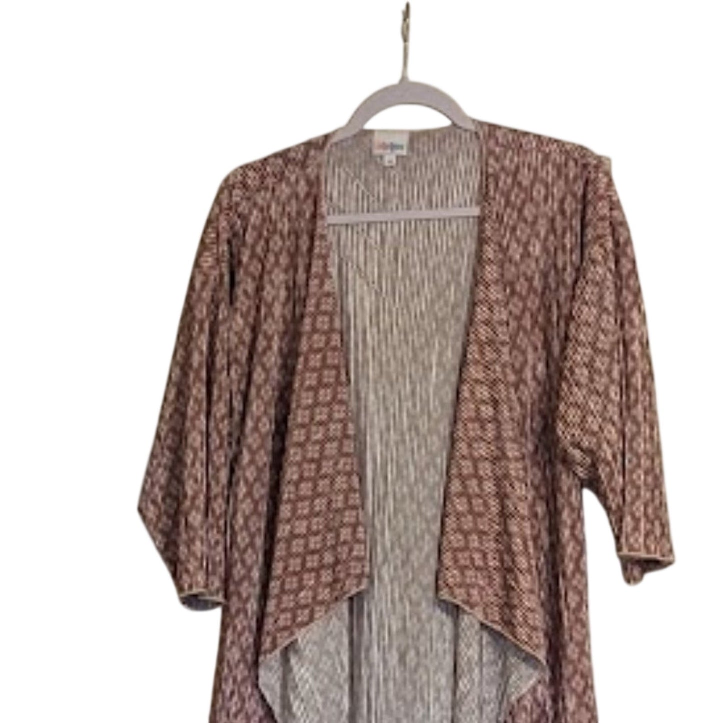 LulaRoe Women's Size M Shirley Pink Geometric Open Long Duster Cardigan Pleated