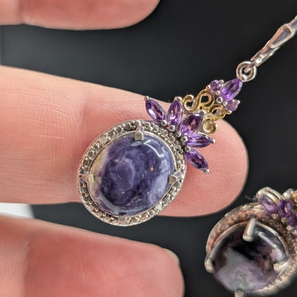 STS Sterling Amethyst/Purple Sodalite Dangle Lever-Back 1.5" Earrings 7.04g
