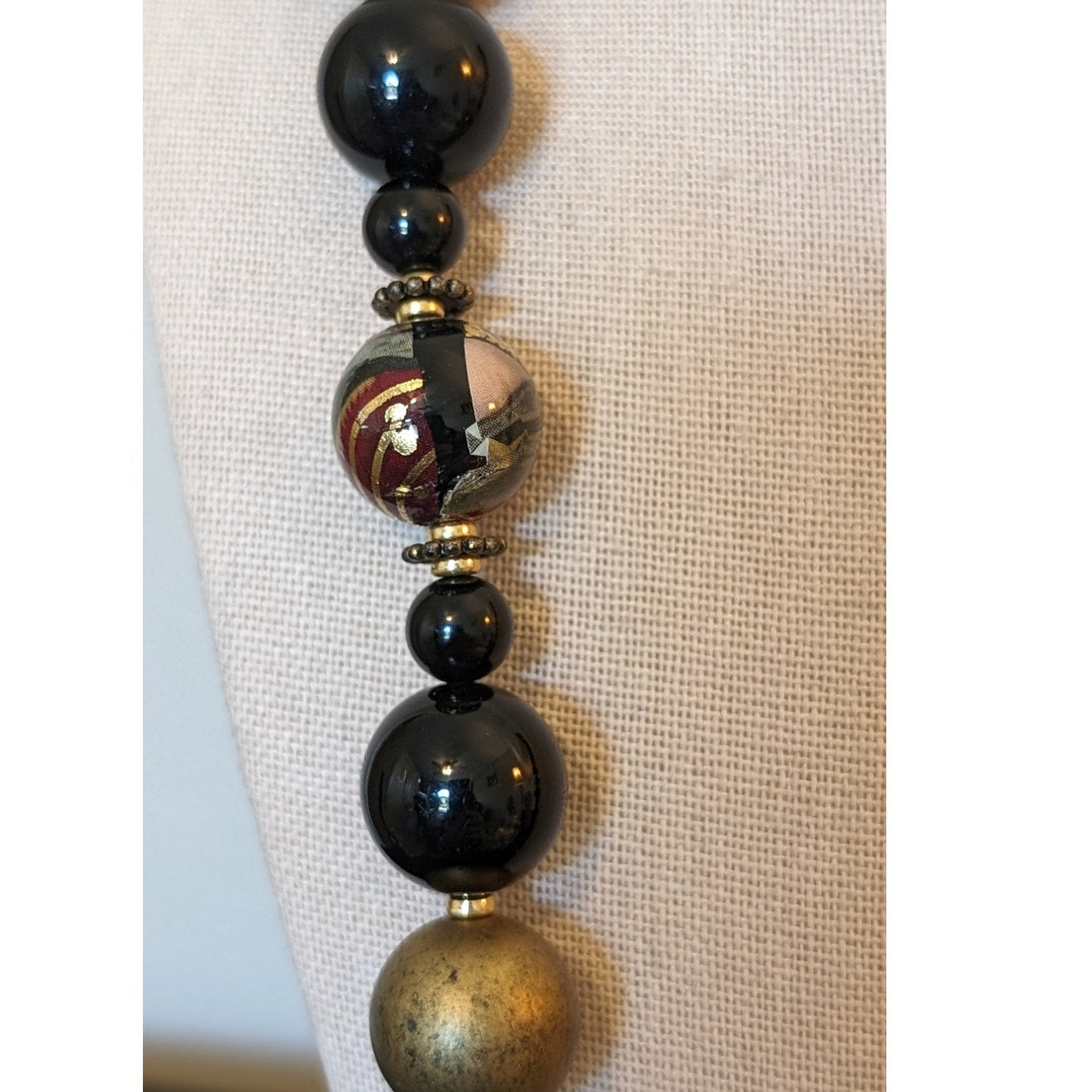 Two Black/Gold & Painted Beaded Vintage 24" & 28" Necklaces