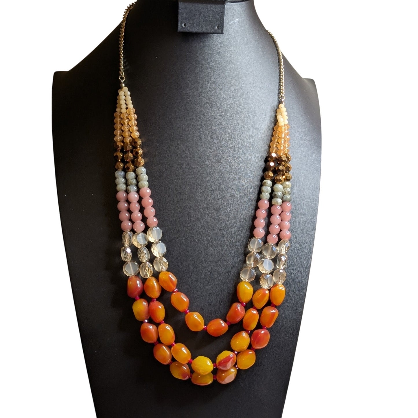 Two Coordinating Loft Beaded Orange Pink Yellow Gold Tone Beaded Long Necklaces