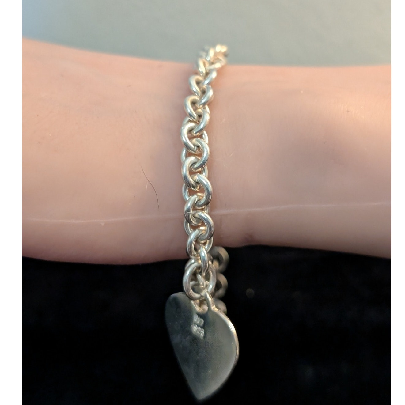 925 Sterling Silver Rolo Chain Link Heart Charm 7.5" Bracelet