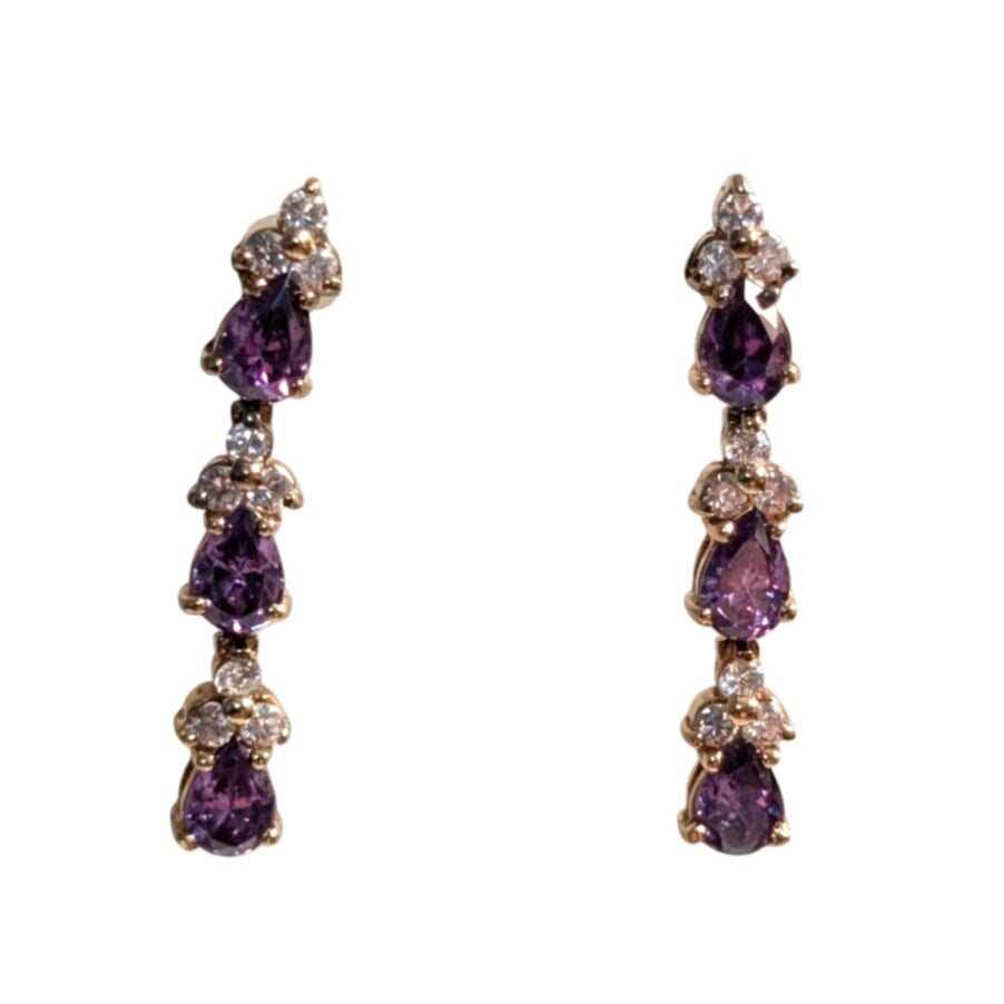 925 Sterling Gold Vermeil Triple Purple Crystal CZ Dangle 1.25" Long Earrings