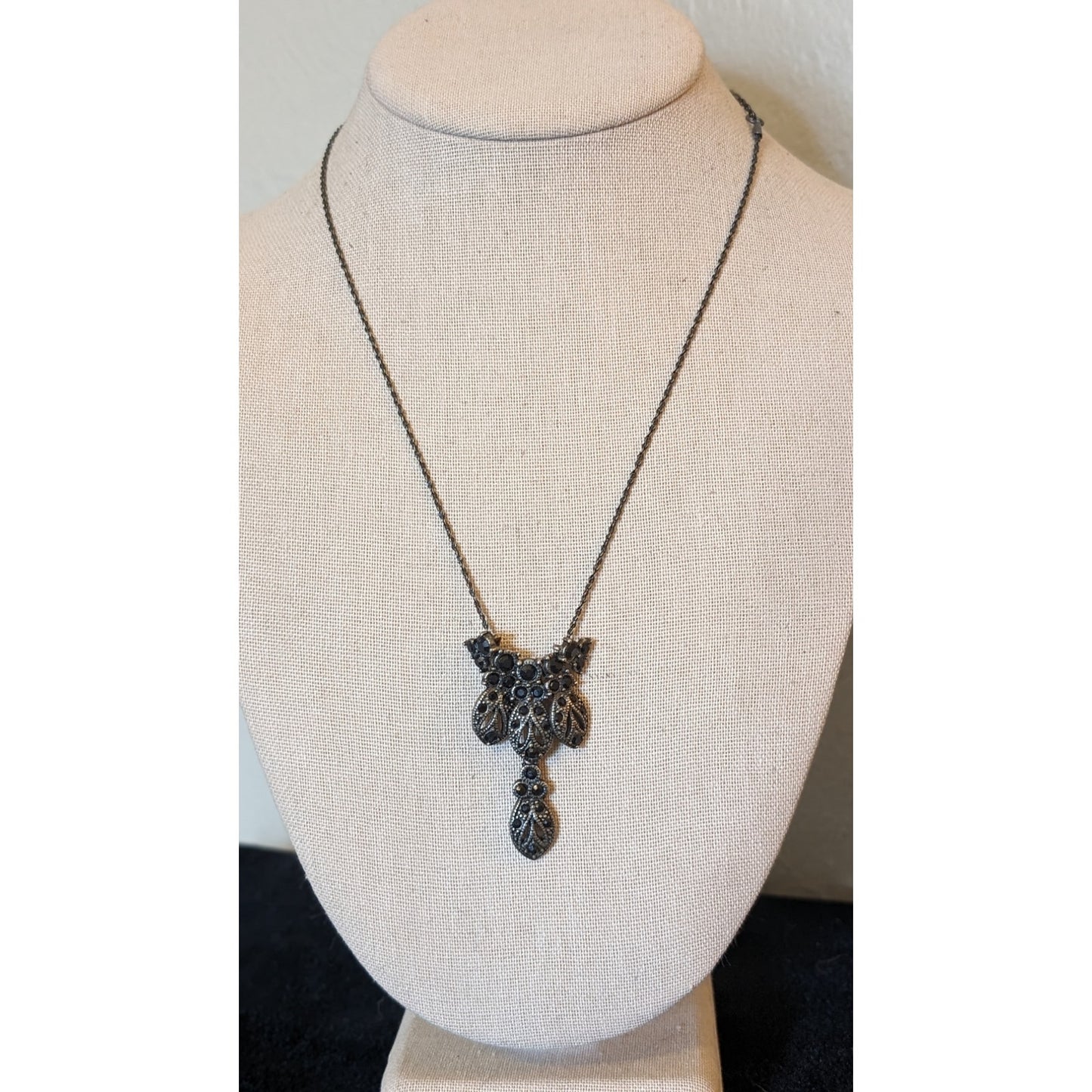 Black Crystal Charm Gun Metal Chain Necklace