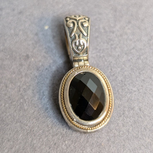 Vintage Faceted Black Onyx Sterling Silver 18K Gold Enhancer Pendant by Eleganza