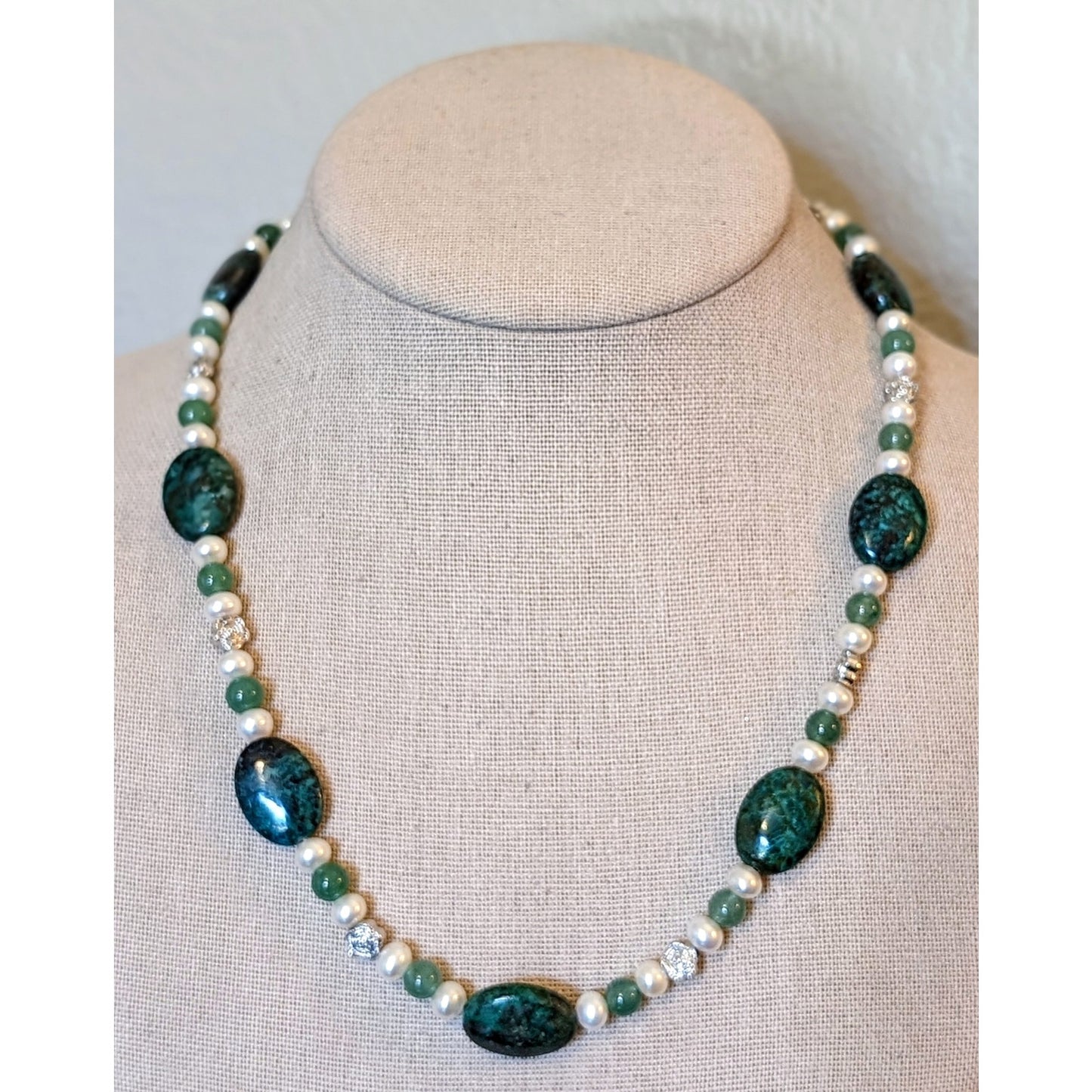 Crysocolla, Nephrite and Pearl Beaded Necklace W/ Magnetic Clasp Closure