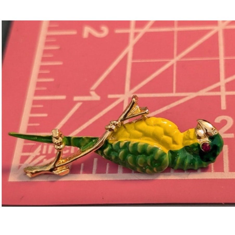 Vintage Gerry's Green & Yellow Enamel Parrot on Branch Pin