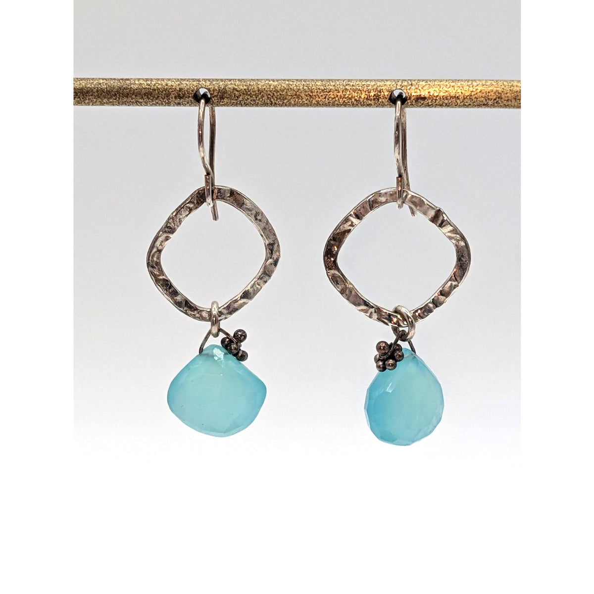 925 Sterling Silver Hammered Square Aqua Blue Faceted Glass Dangle Earrings