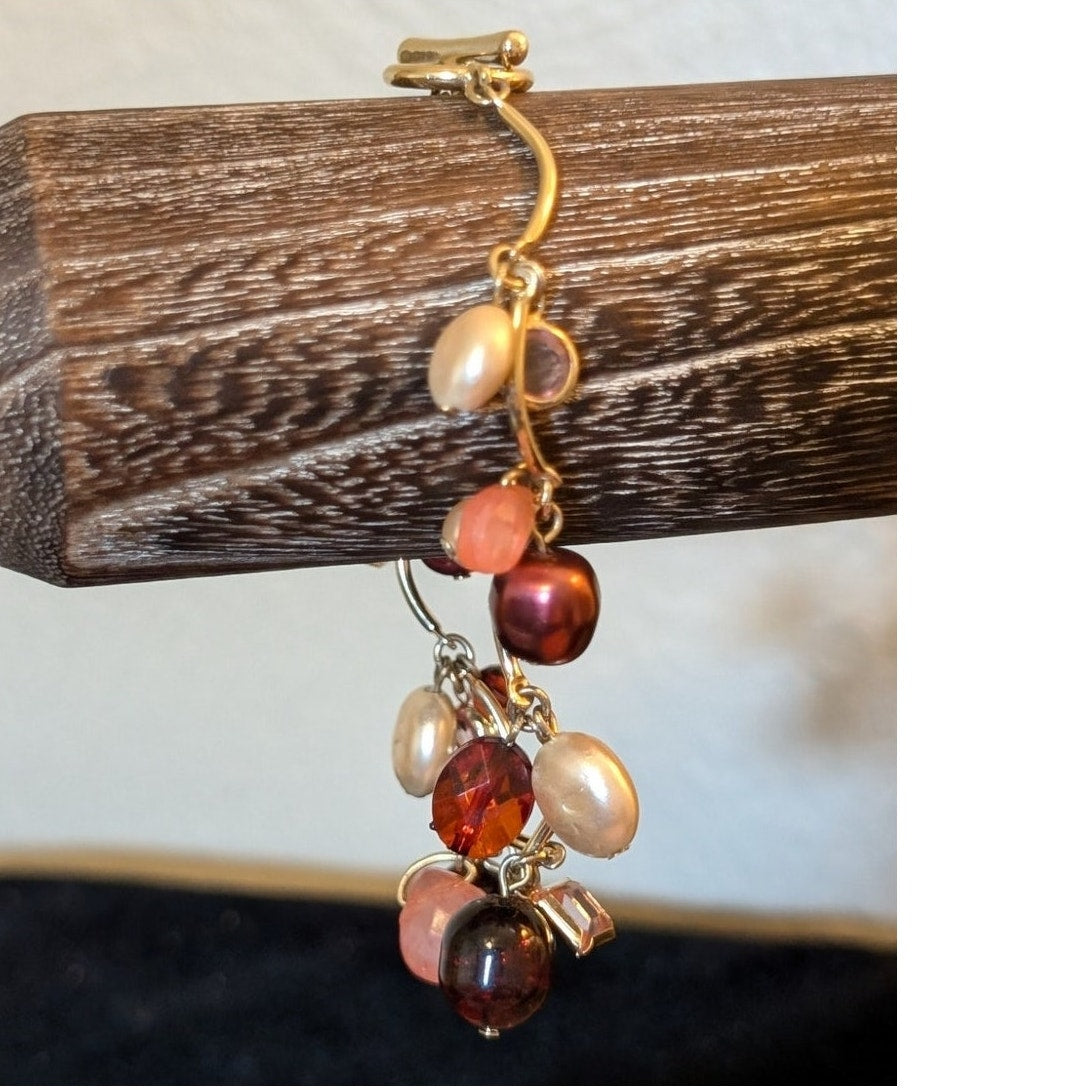 Gold Tone Colored Pearl Crystal Glass Amber Bead Scalloped Bar Toggle Bracelet