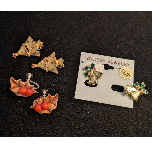 Lot of Three Pair of Vintage Clip On Screw On Christmas Earrings