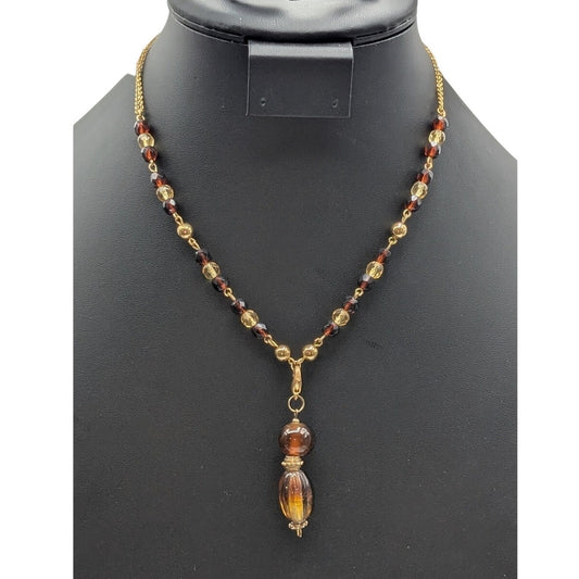 Gold Tone Cognac & Citrine Color 16.75" Necklace & Dangle Earring Jewelry Set
