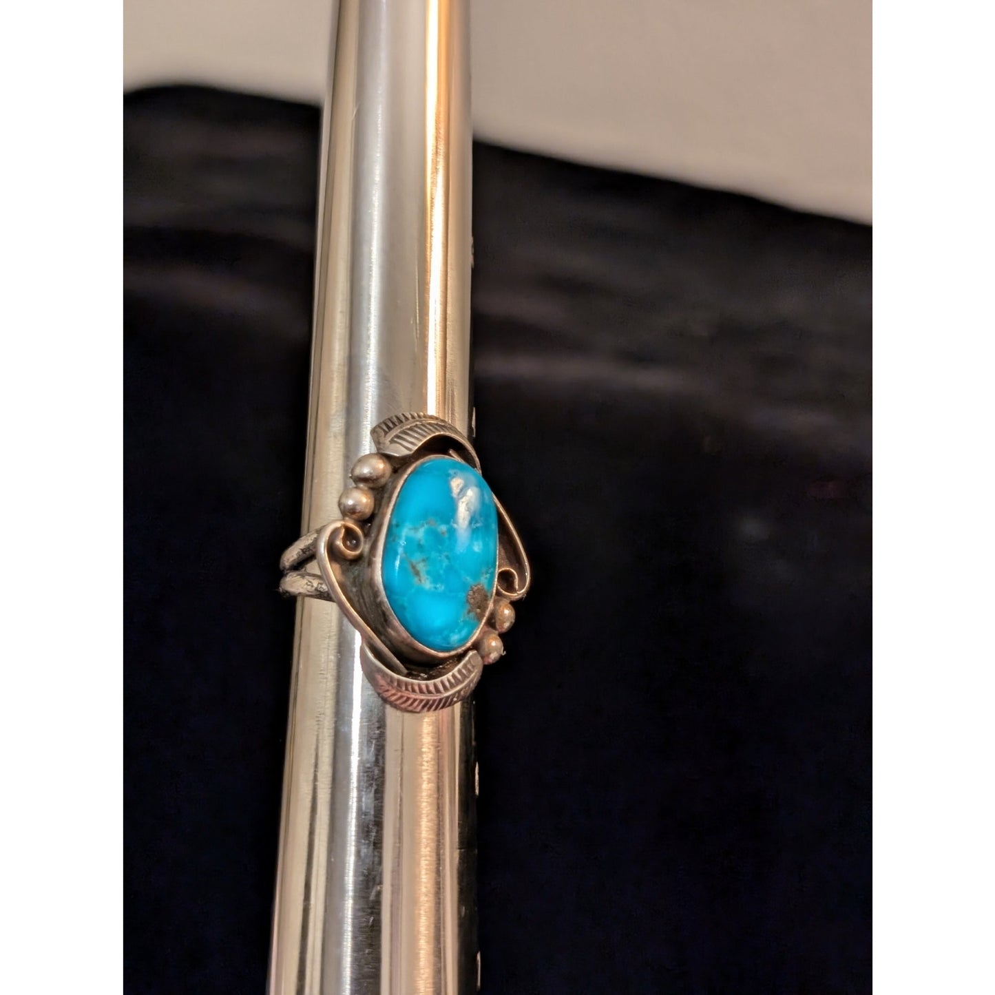 Vtg Southwestern Sterling Blue Turquoise Split Shank Feather Bead Ring Size 5