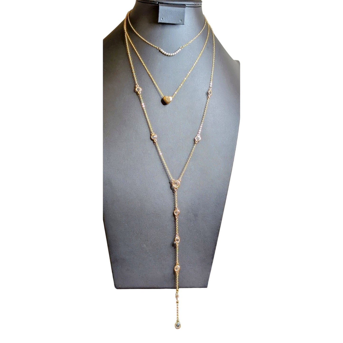 Three Layered Gold Tone Crystal Pearl Heart Necklaces