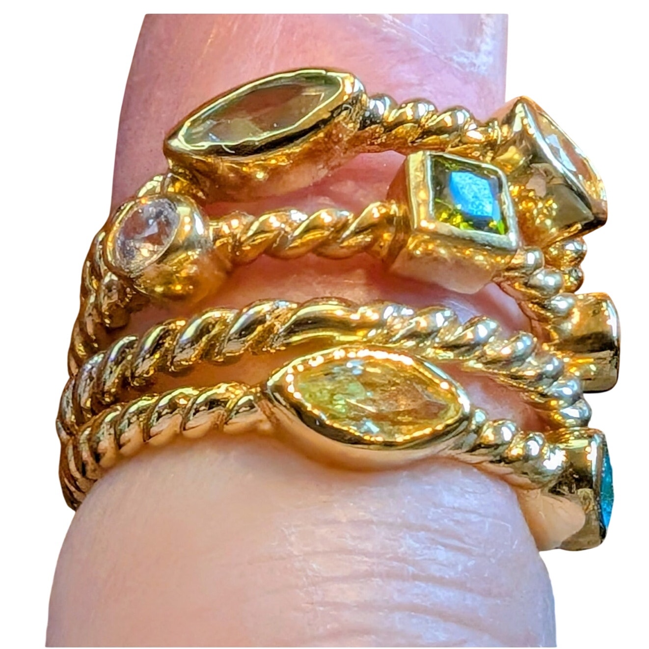 Four Stackable 925 Sterling Vermeil Bezel Set Crystal Gold Tone Rope Band Rings