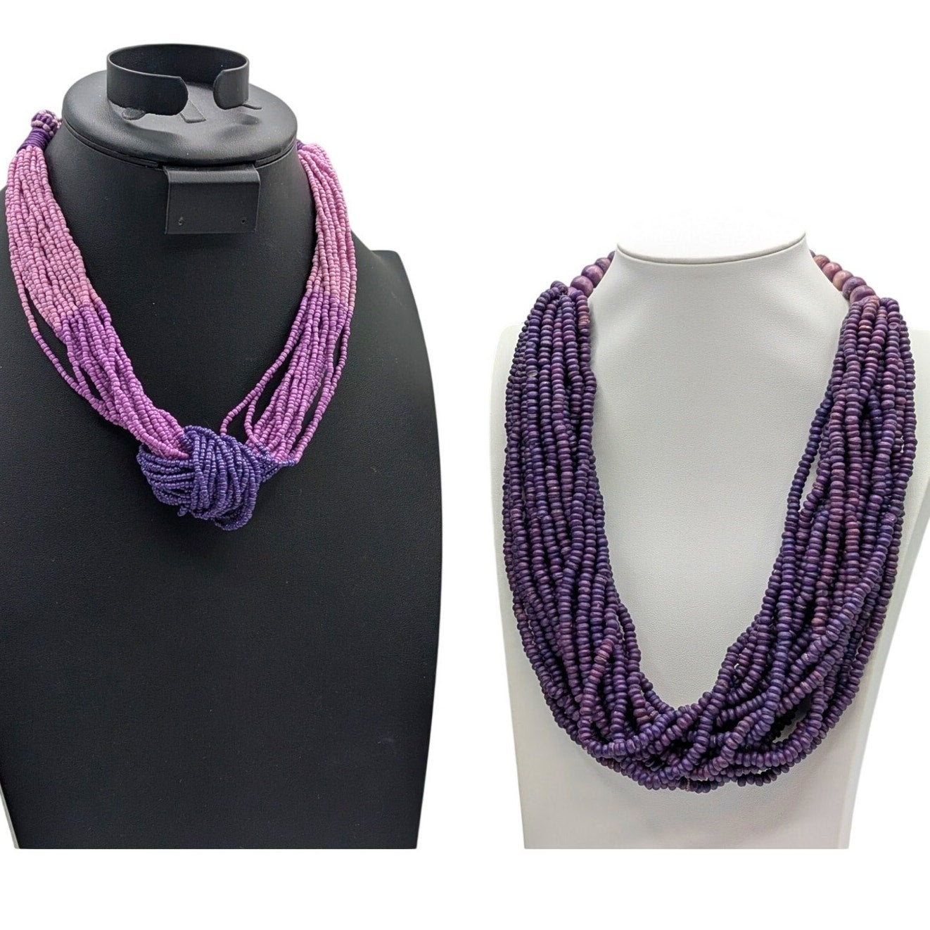 Lot of Two Purple Multi-Strand Beaded Boho Tribal Vibe Necklaces