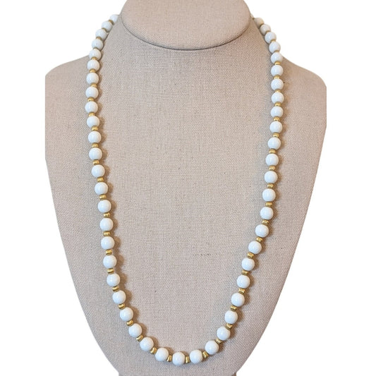 Vintage 1960s Gay Boyer White Glass Bead Strand 24" Necklace