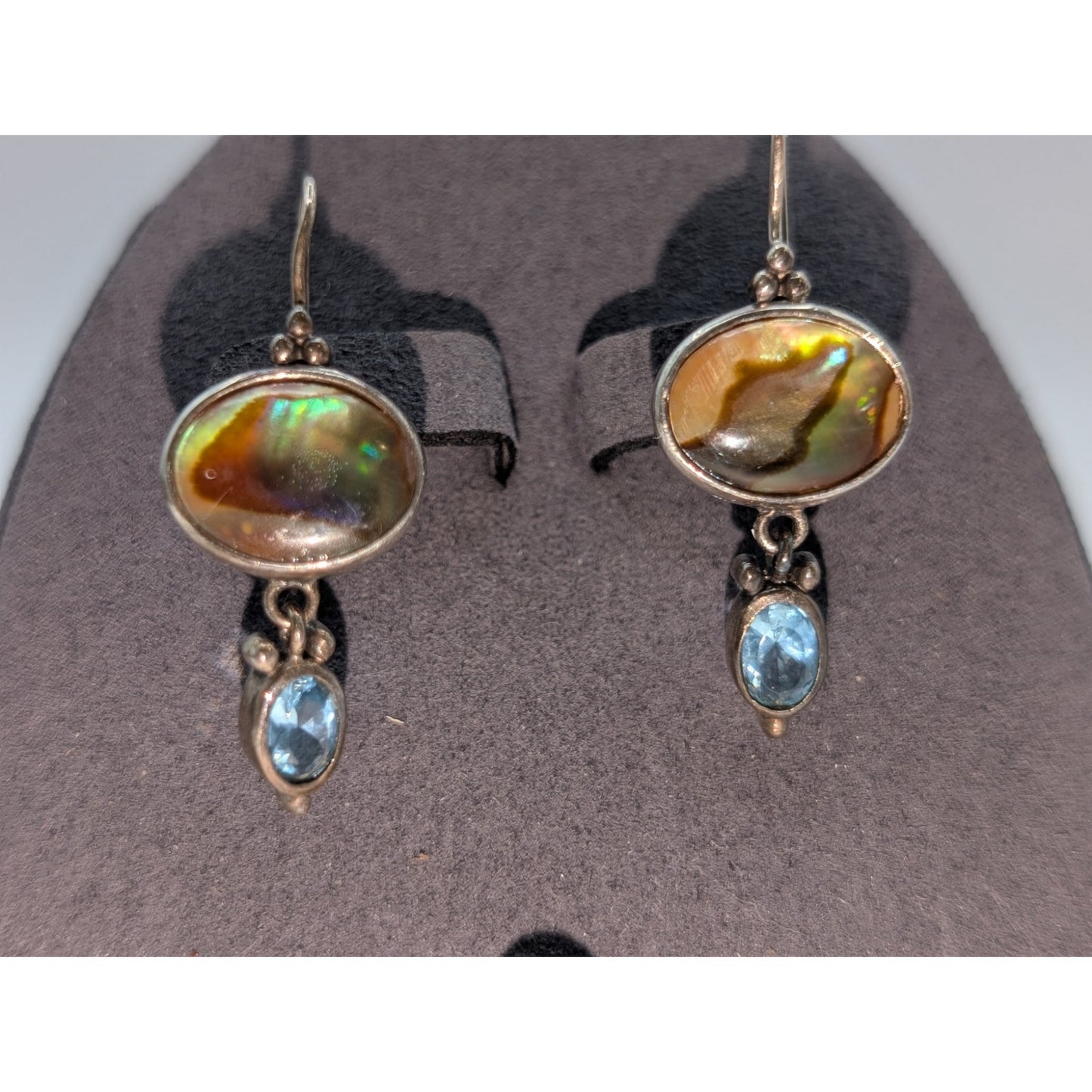 Vintage 925 Sterling Silver Abalone Shell Blue Glass Dangle Kidney Wire Earrings