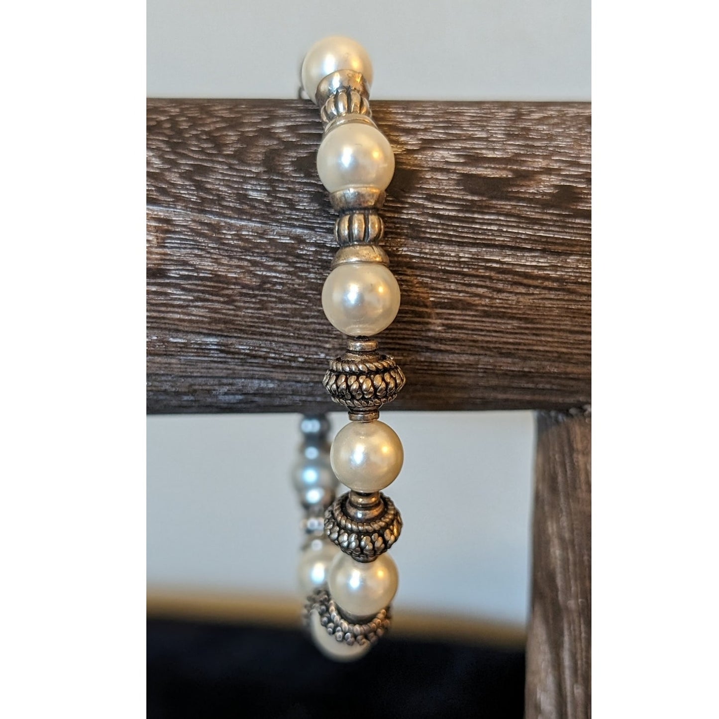 925 Sterling Silver Glass Faux Pearl Bead Fancy Toggle Clasp  7.5" Bracelet