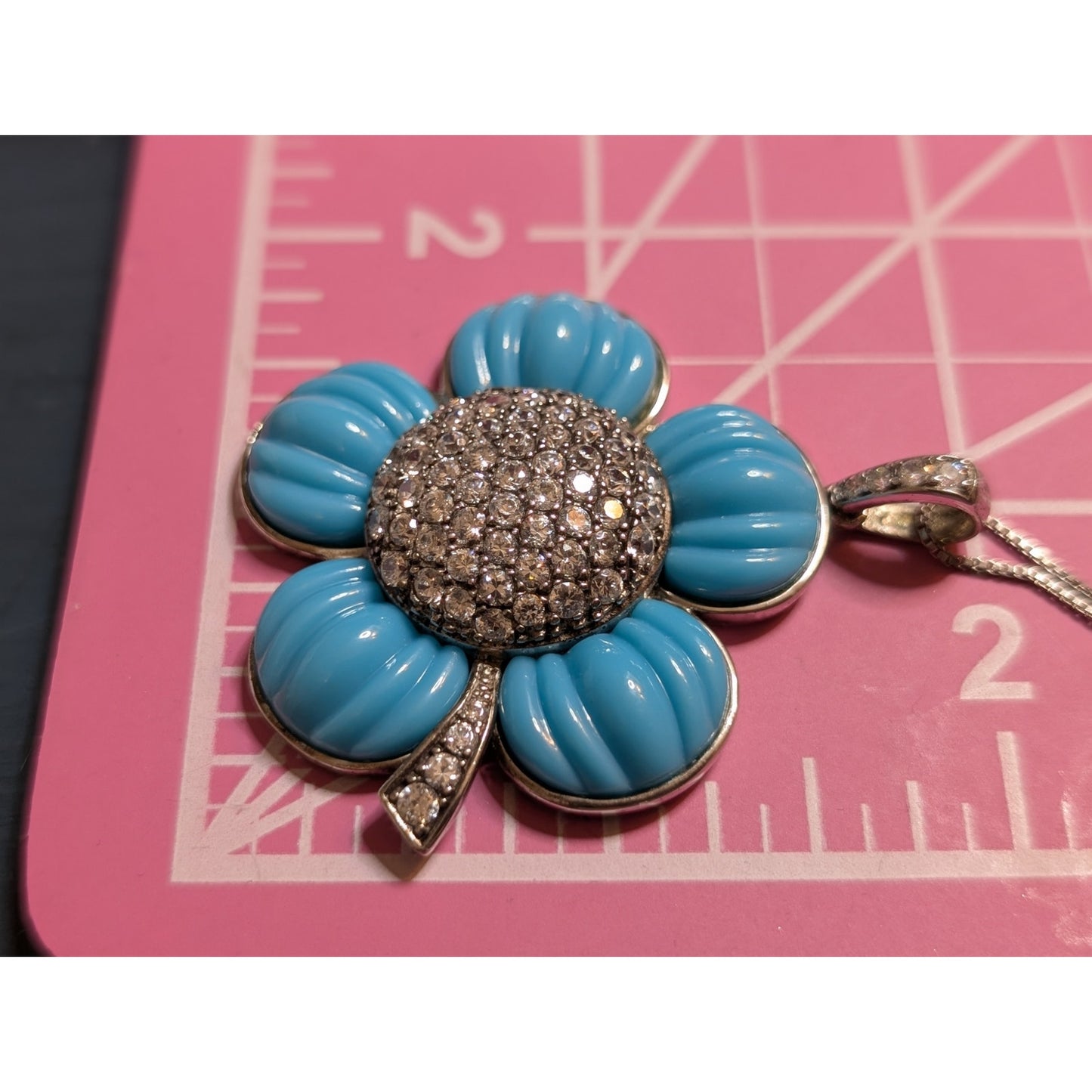 ROSS-SIMONS 925 Simulated Italian Turquoise CZ Flower Pendant Chain Necklace