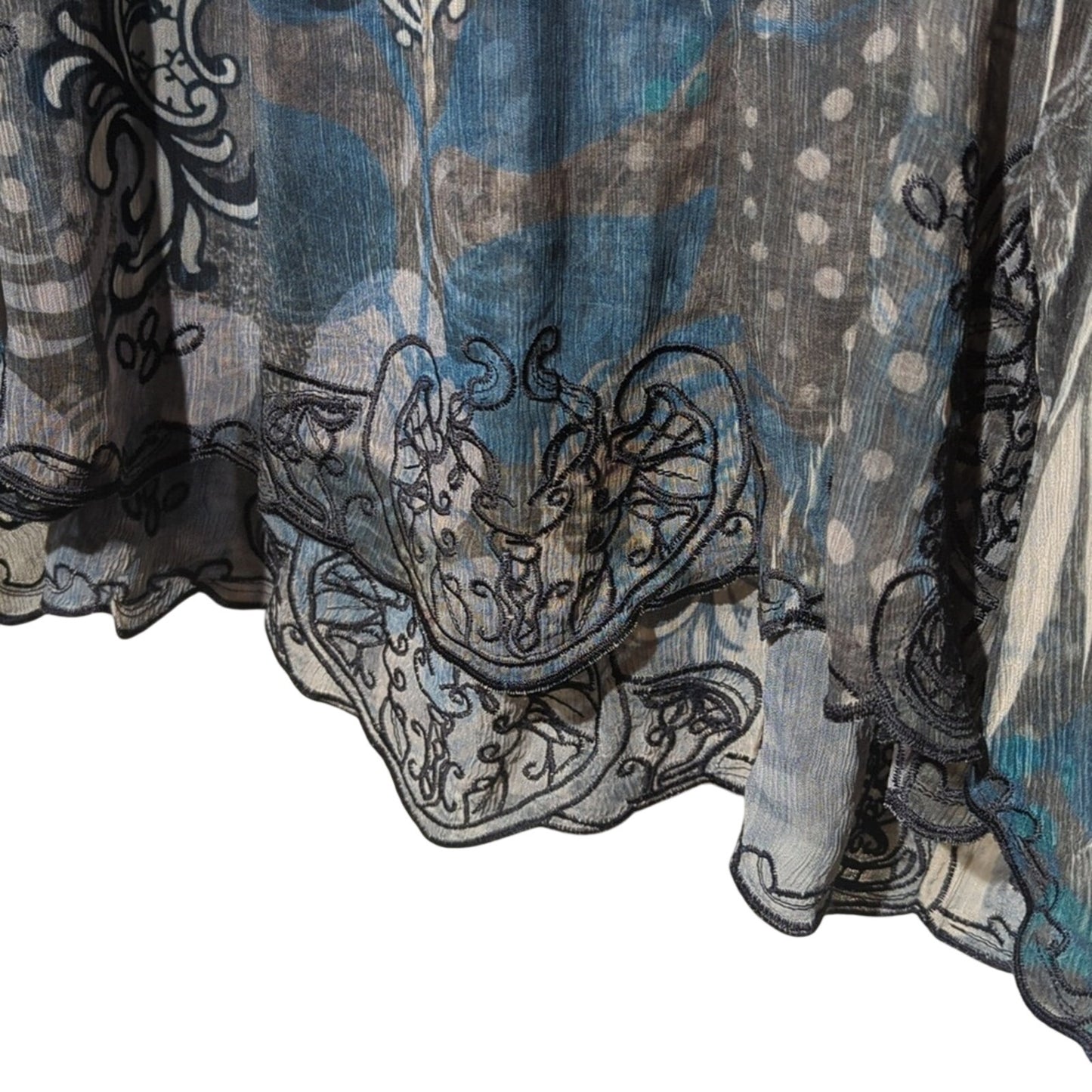Teal Gray Gauzy Flowy V-Neck Embroidered Stretch Waist Tunic Top Women's Size 3X